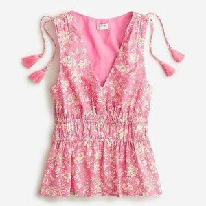 J. Crew V-Neck Voile Tassels Gathered Waist Pink/Ivory Floral Blouse/Top Small